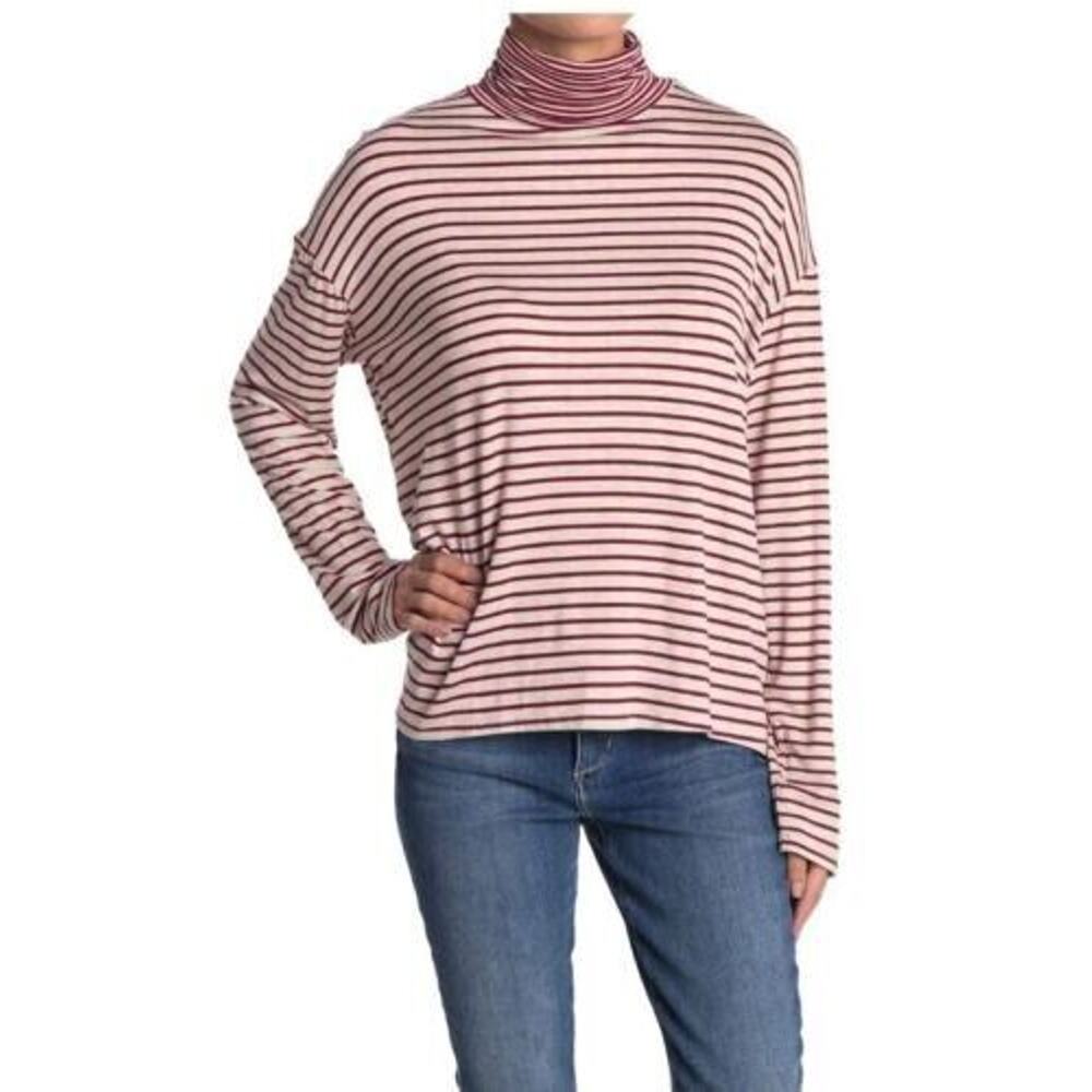 PST By Project Social T Stripe Turtleneck Top Burgundy Oatmeal XSmall MSRP $48